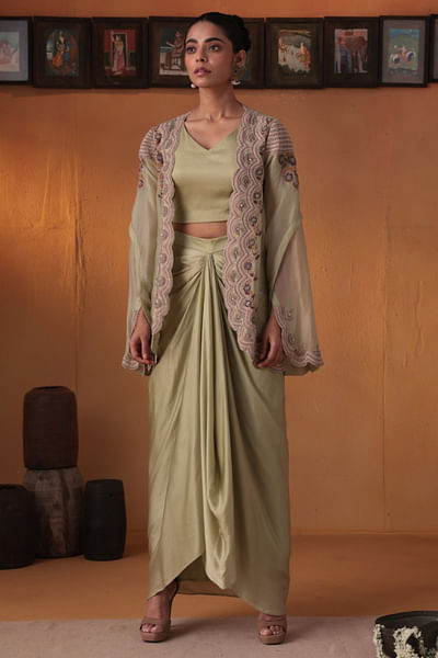 Mint green draped skirt set