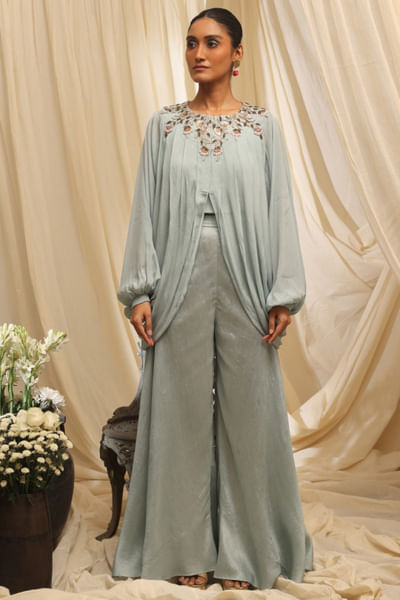 Blue embroidered cowl top and palazzo