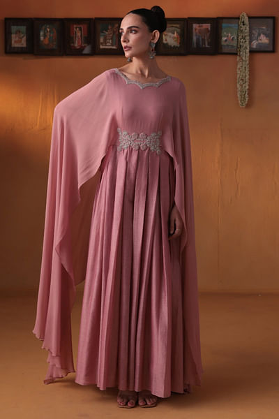 Pink embroidered cape dress