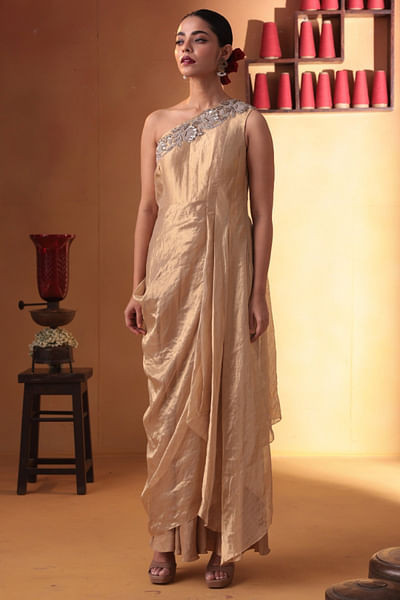 Gold embroidered draped sari gown