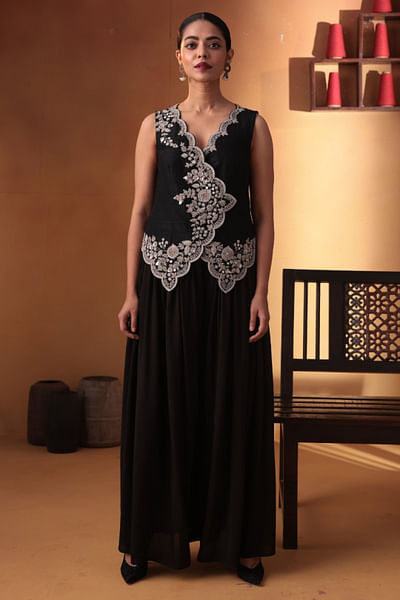 Black embroidered waistcoat and palazzo