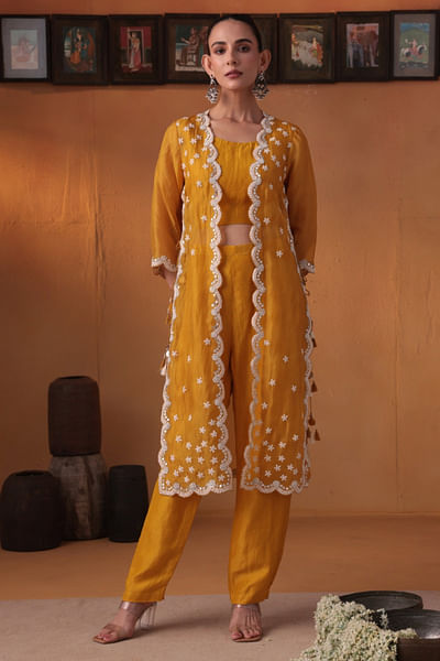 Mustard yellow embroidered jacket set