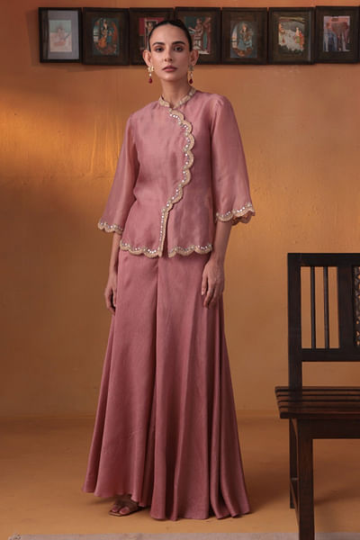 Rose embroidered jacket and sharara set