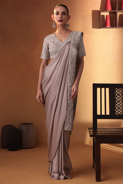 Oyster beige embroidered pre-draped sari set