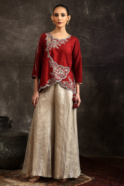 Ekru Maroon and silver embroidered sharara set EKRUJUL26D150354