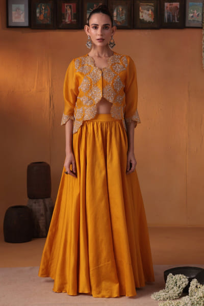 Mustard yellow embroidered jacket lehenga set