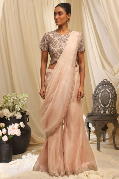Pink embroidered sharara sari set