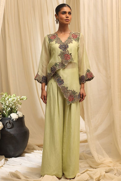 Mint green floral embroidered jacket set