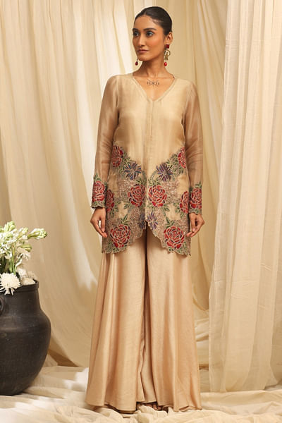 Beige rose embroidered jacket set