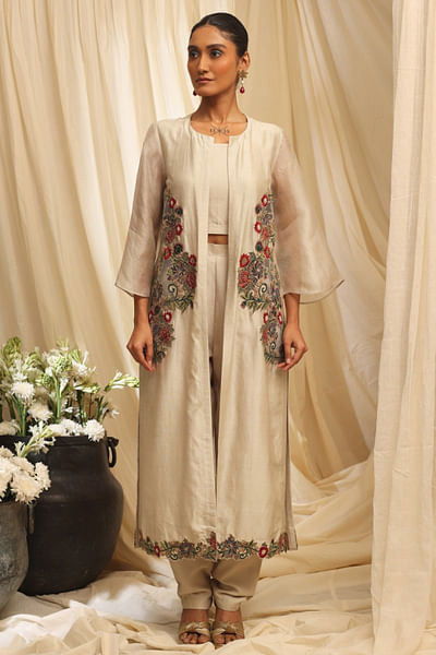 Oyester grey embroidered jacket set