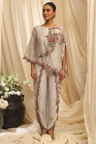 Grey floral embroidered cape set