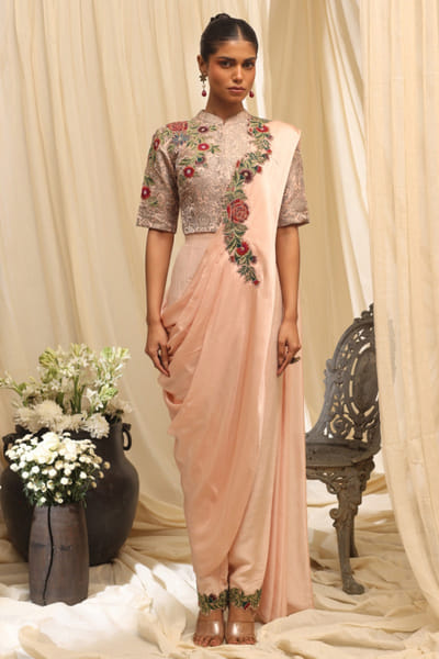 Pink floral embroidered pre-draped sari set