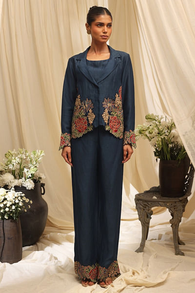 Navy blue embroidered blazer set
