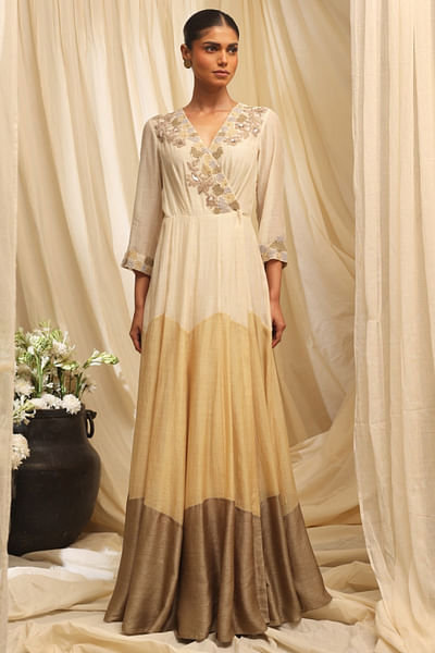 Ivory and gold embroidered shaded dress