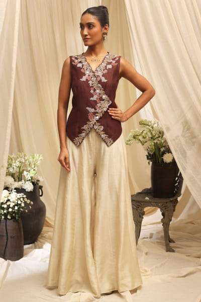 Brown floral embroidered waistcoat and sharara