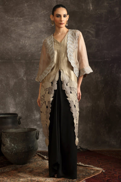 Ekru Grey and black embroidered jacket skirt set EKRUJUL26D150348