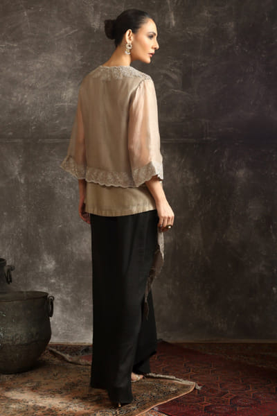 Ekru Grey and black embroidered jacket skirt set EKRUJUL26D150348