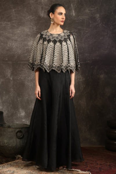 Ekru Black embroidered cape sharara set EKRUJUL26D150369