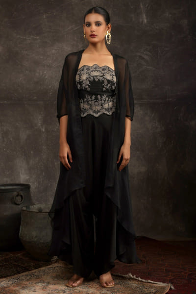 Ekru Black embroidered corset cape set EKRUJUL26D150368