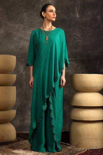 Ekru Green cutwork drape jumpsuit EKRUJUL26D150358