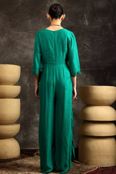 Ekru Green cutwork drape jumpsuit EKRUJUL26D150358