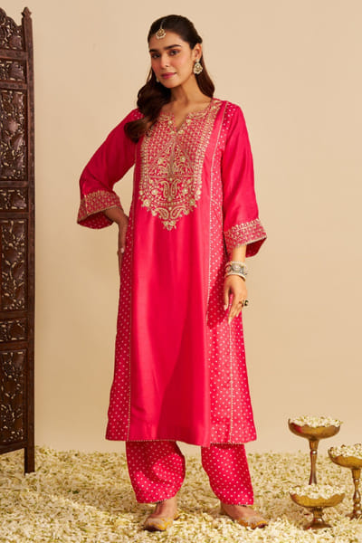 Hot pink sequin embroidered long choga salwar set