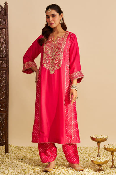 Hot pink sequin embroidered long choga set
