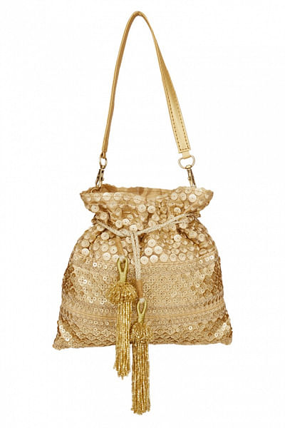 Beige and gold embellished potli bag