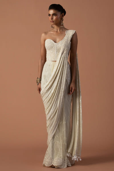 Ivory bead embroidered pre-draped sari set