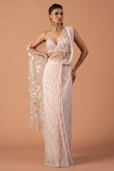 Rose pink embroidered pre-draped sari set