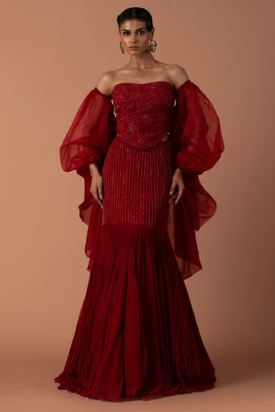 Red bead embroidered skirt set