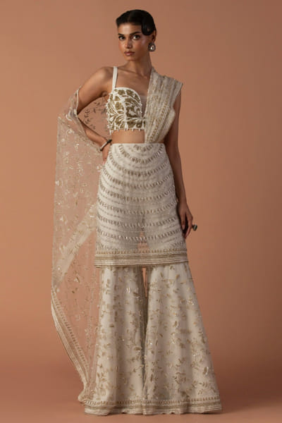 Ivory bead embellished sharara set