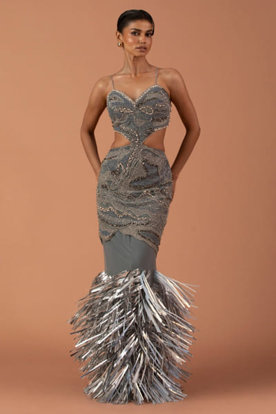 Silver leather tassel dress