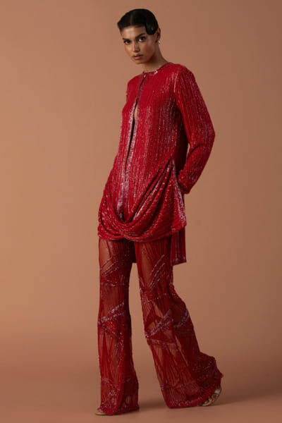 Red sequin embroidered cowl jacket set