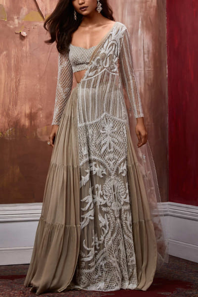Nude tiered sharara sari set