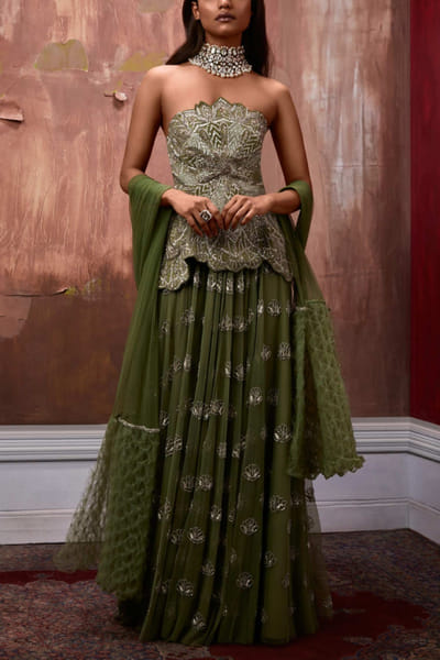 <p>Olive corset and lehenga set</p>
