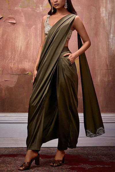 Forest green draped pant sari set