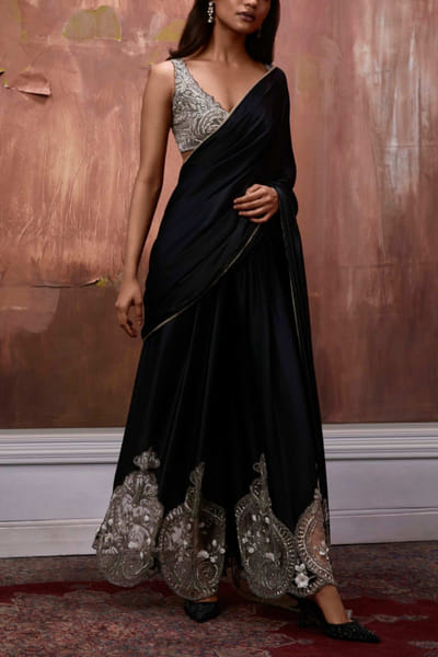 Black satin pant sari set