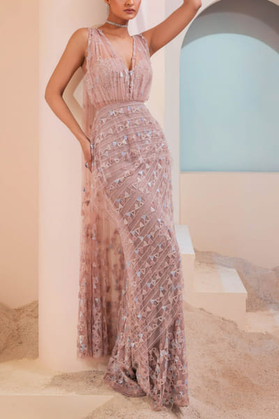 Burnt pink pre-stitched sari and corset