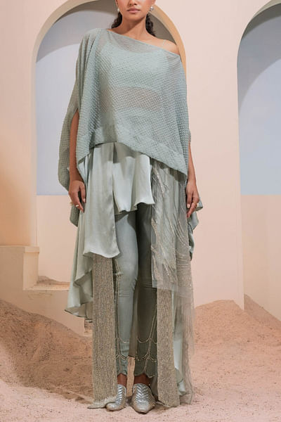Mint chiffon kaftan and skirt set