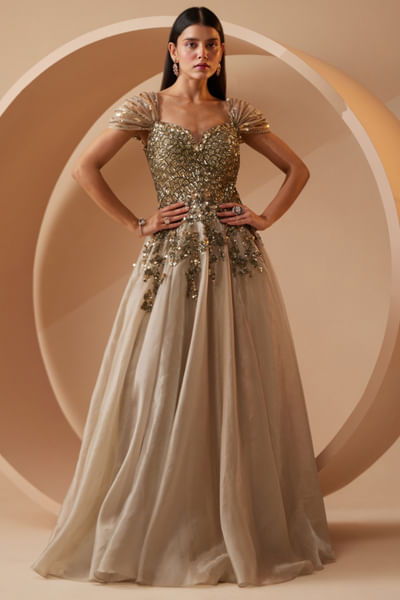 Ecru sequin embroidered gown