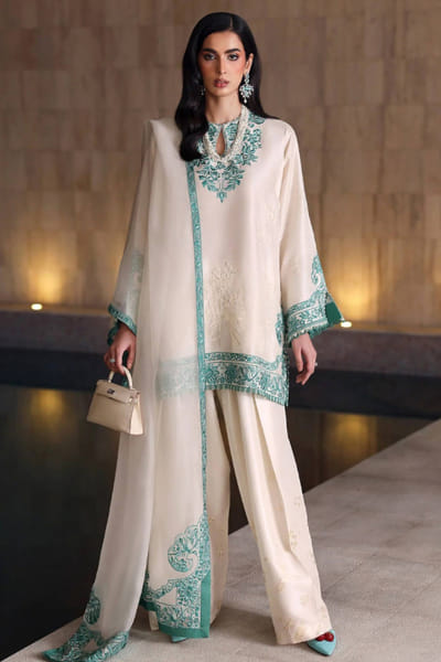 Ivory embroidered silk kurta set
