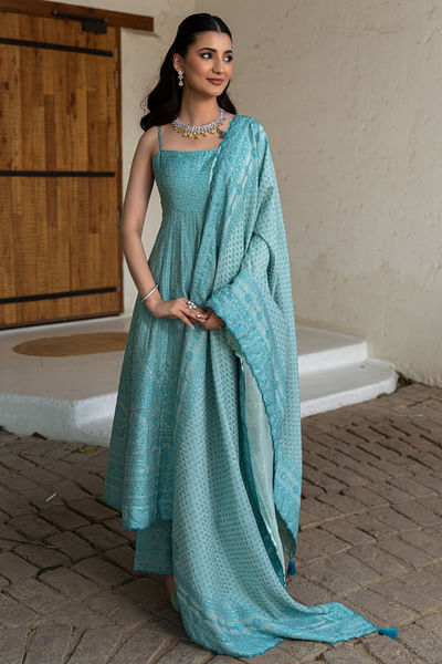 Aqua blue woven anarkali set