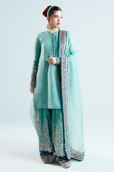 Turquoise floral embellished kurta set