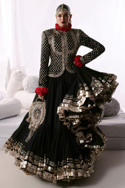 Hussain Rehar Black hand embellished jacket and lehenga set HUSSMAY26D244472