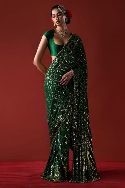 Hussain Rehar Forest green mukaish embroidered sari set HUSSMAY26D244473