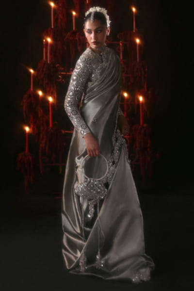 Hussain Rehar Shimmering grey embellished sari set HUSSMAY26D244474