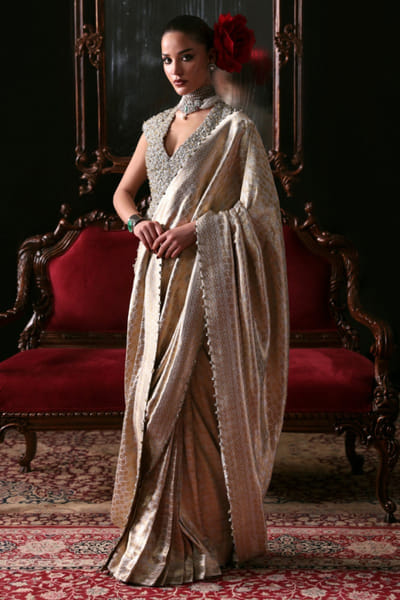 Hussain Rehar Silver gold banarasi sequinned tassel sari set HUSSMAY26D244476