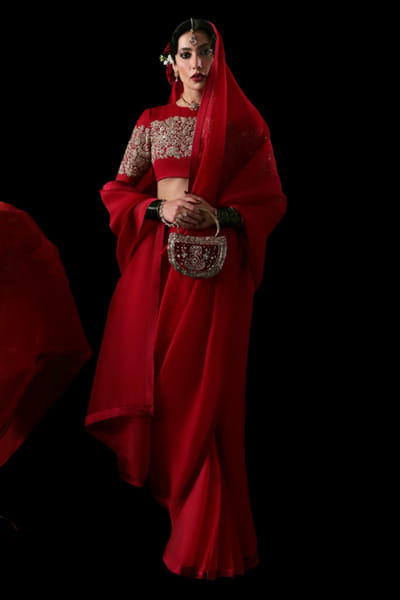 Hussain Rehar Scarlet red hand embellished blouse-sari set HUSSMAY26D244477