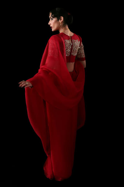 Hussain Rehar Scarlet red hand embellished blouse-sari set HUSSMAY26D244477